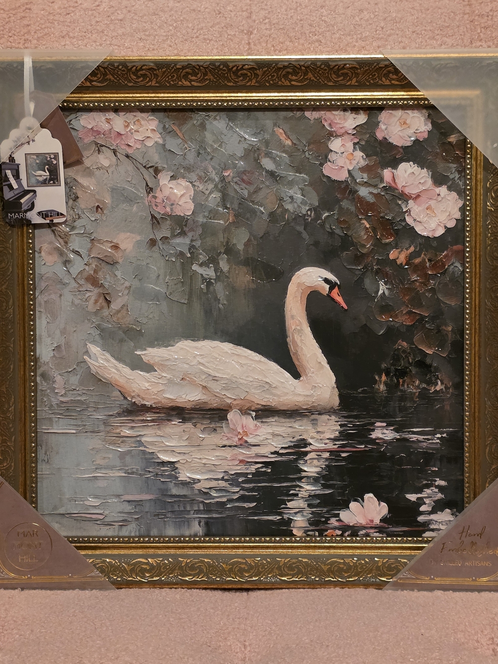 Swan Floral Framed Wall Art 15” x 15” Ornate Gold Frame Vintage Glam